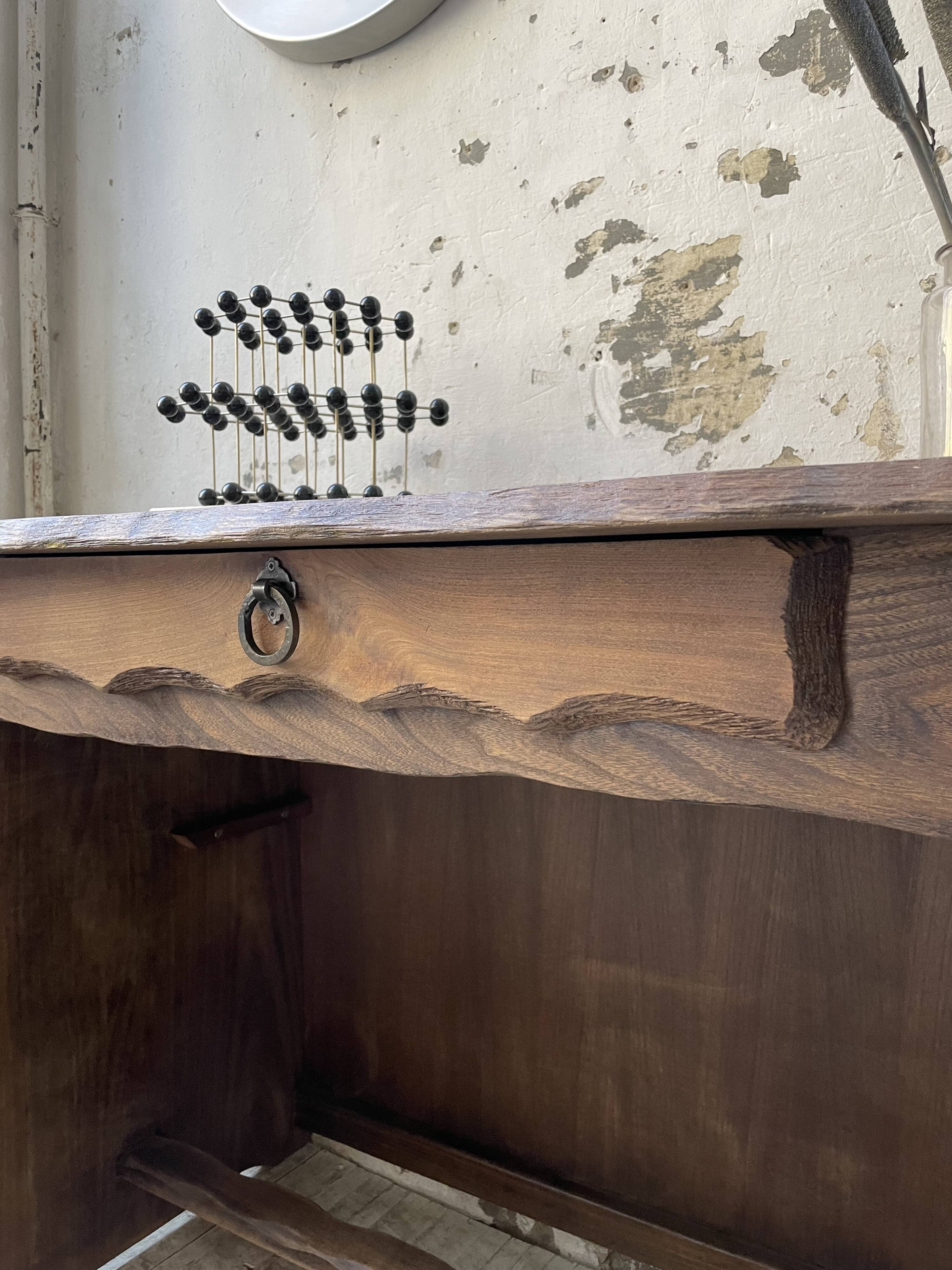Brutalist desk in elm, signed Aranjou.