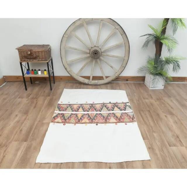 1970s Vintage Turkish Handmade Wool Cotton Beige Kilim Rug 108x151
