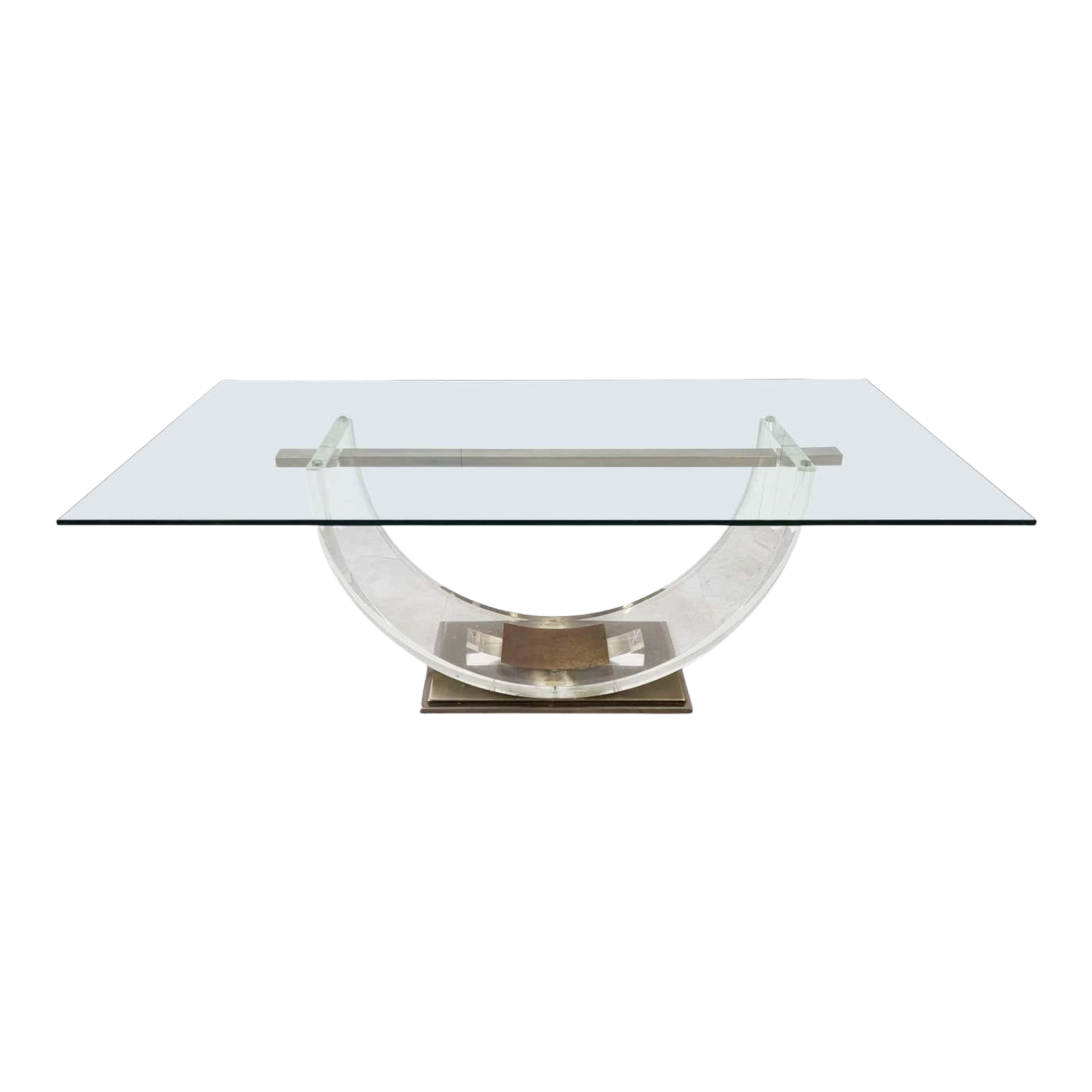 Dining room table by Charles Hollis Jones, lucite & brass, hollywood regency style, ca 1970