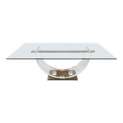 Dining room table by Charles Hollis Jones, lucite & brass, hollywood regency style, ca 1970