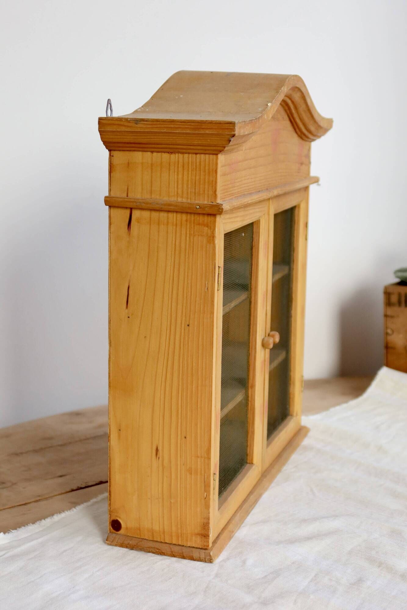 Vintage wooden wall cabinet – 2 mesh doors and shelf