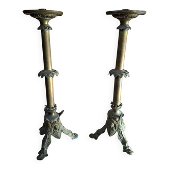 Coppia Candelabri d'Altare Antichi in BRONZO Stile Neogotico H 60 cm