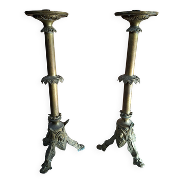 Coppia Candelabri d'Altare Antichi in BRONZO Stile Neogotico H 60 cm