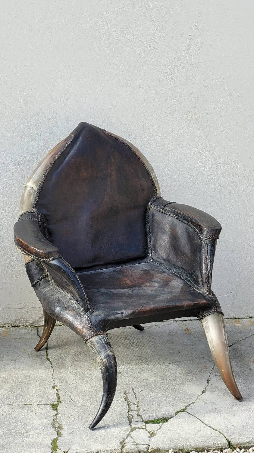 Fauteuil en corne et cuir ancien - 1950s