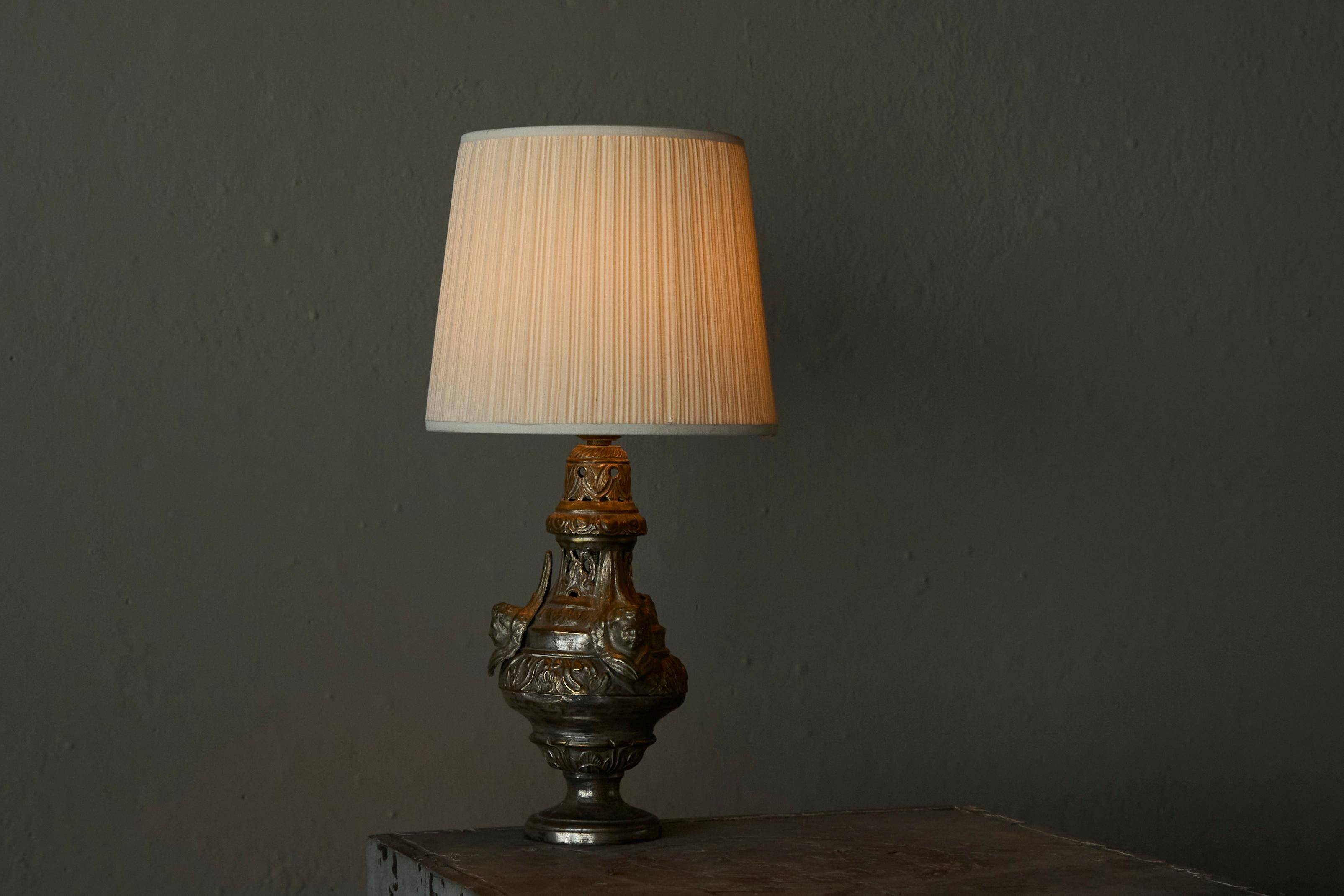 Antique Table Lamp in Patinated Brass and Silver, 19th Century