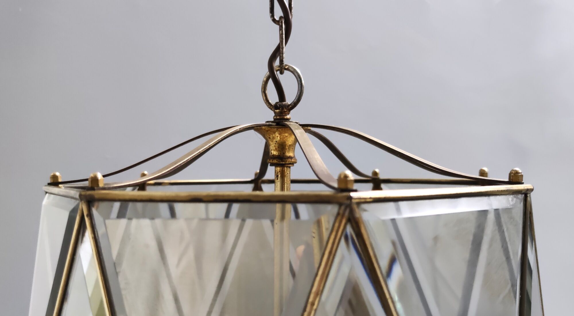 Vintage handmande octagonal glass and brass pendant lantern, Italy