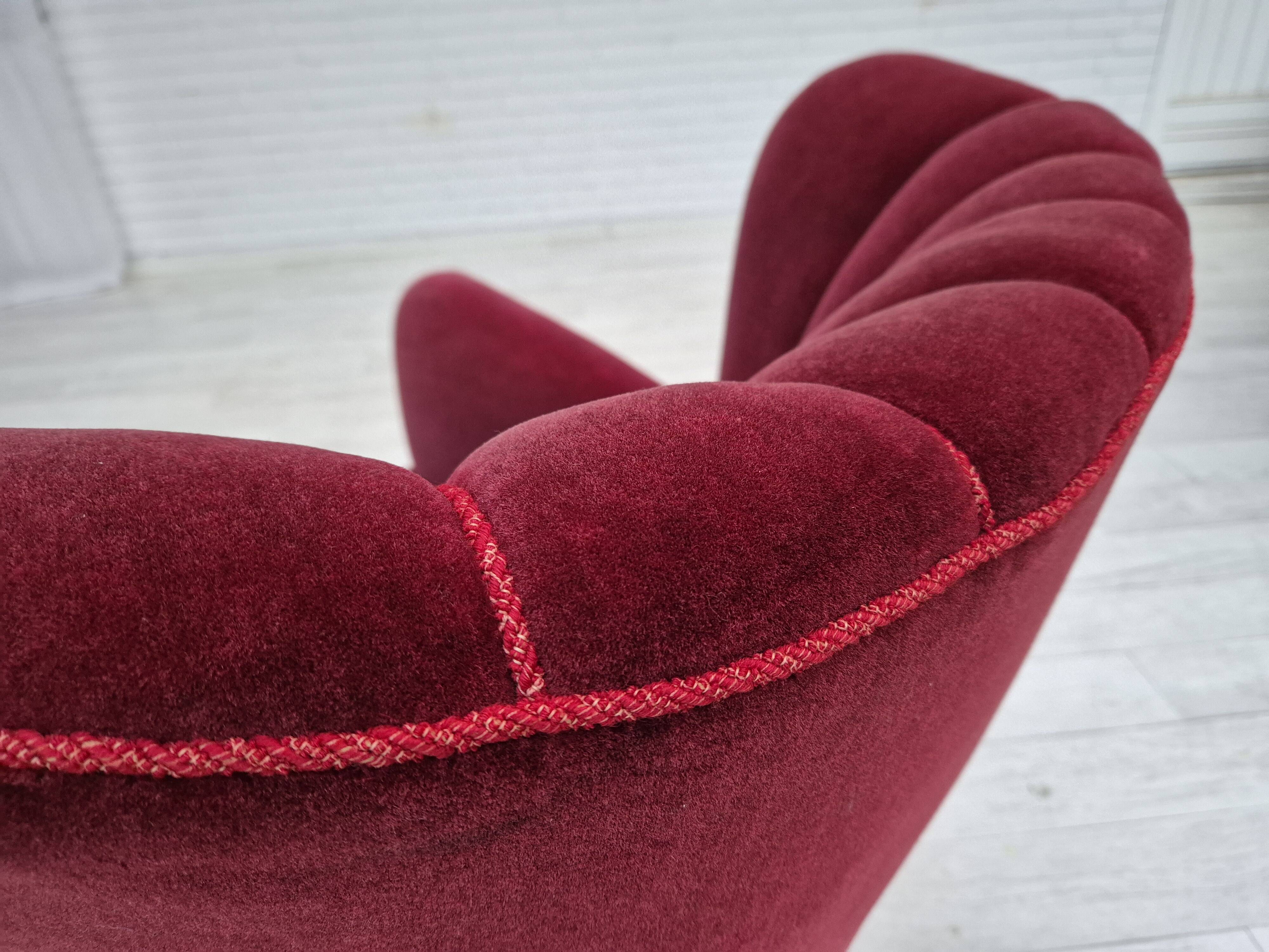 1960s, Danish armchair, original condition, cherry-red furniture velour.