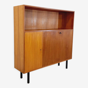 Vintage Scandinavian style modernist storage bookcase in teak and black metal of the year