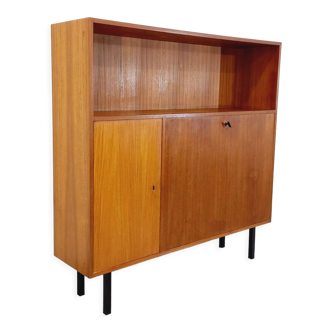 Meuble bibliothèque de rangement vintage style scandinave moderniste en teck et métal noir des année