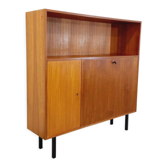 Vintage Scandinavian style modernist storage bookcase in teak and black metal of the year