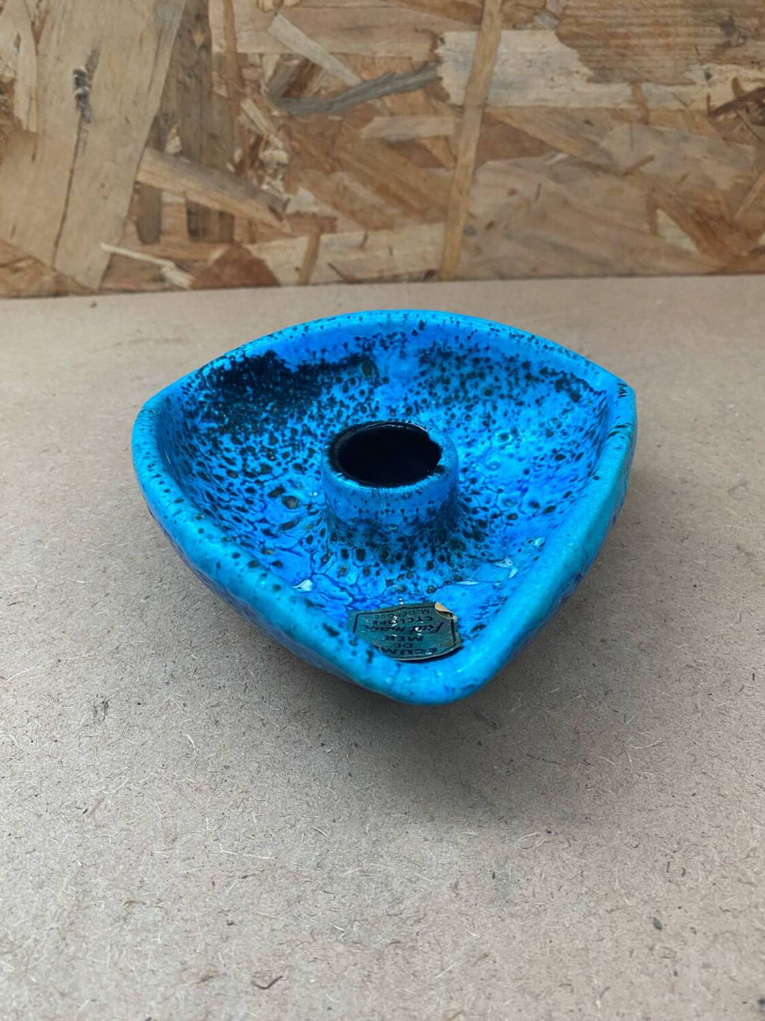 Antique cyclope candle holder ceramic fat lava turquoise blue vintage