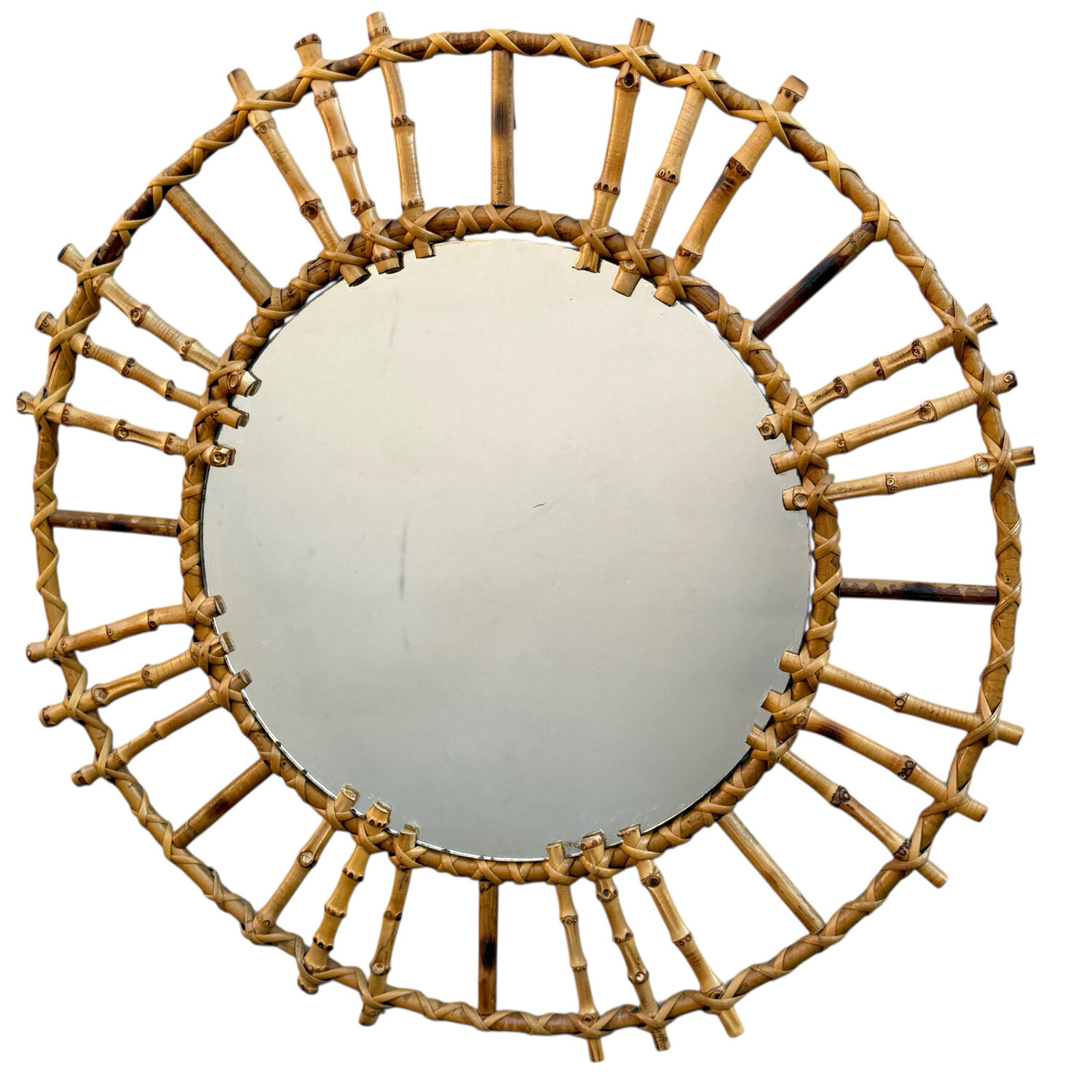 1950s French Rattan Round Mirror