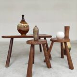 Set of free-form elm coffee table and brutalist style stools