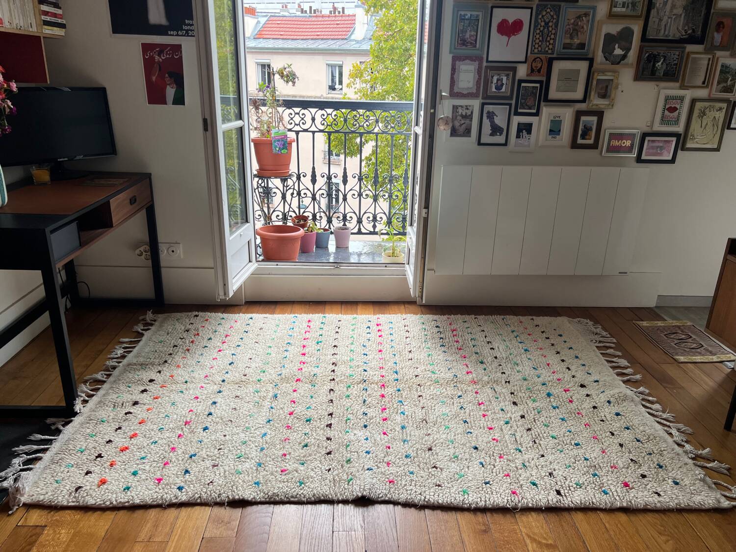 Berber Beni Ouarain handmade rug with small colorful polka dots