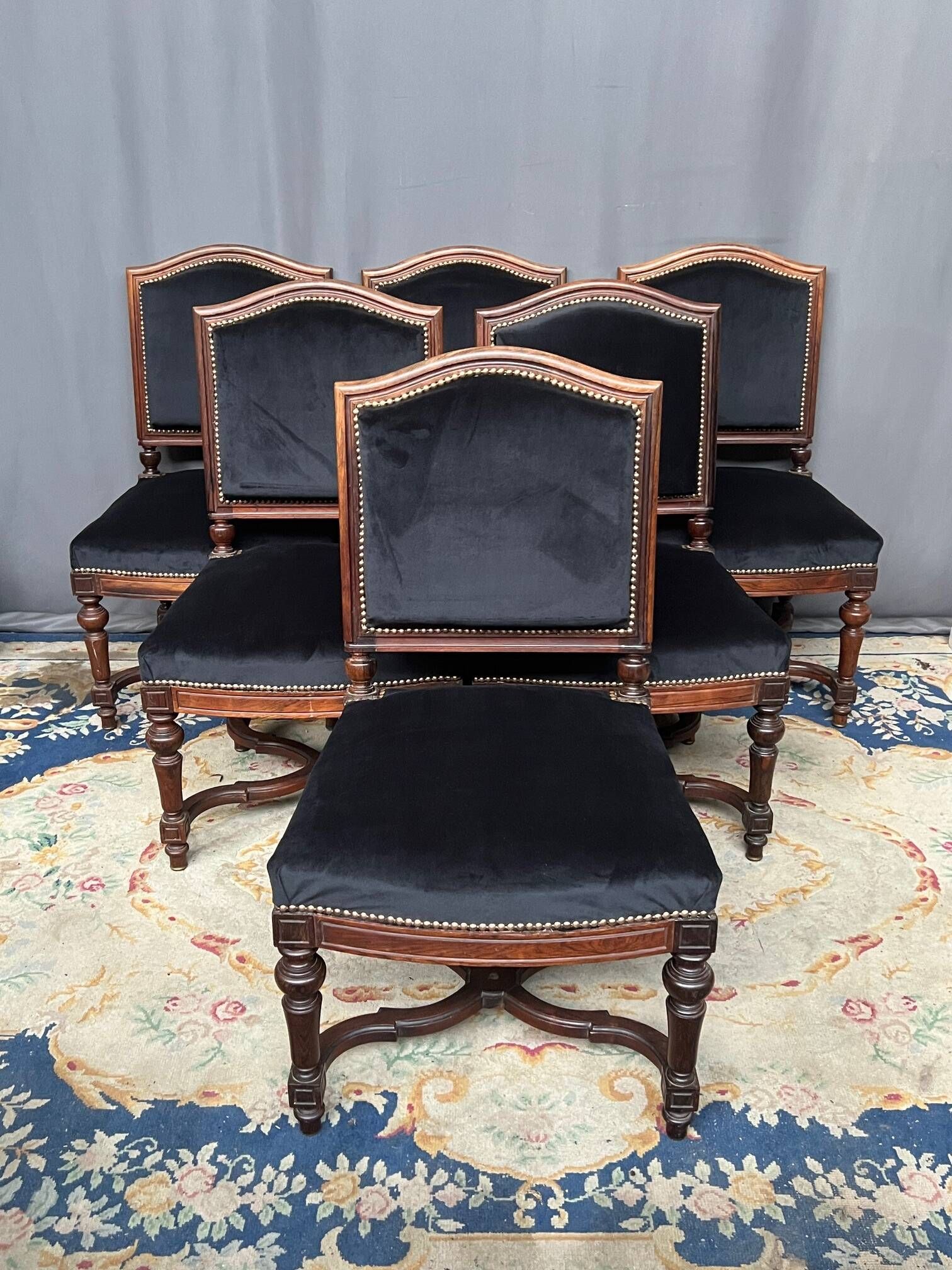 Antique Louis XVI style chairs. Set of 6. Solid rosewood. New upholstery.