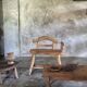 Small brutalist bench with backrest and armrests in Asian blonde teak H67 L6