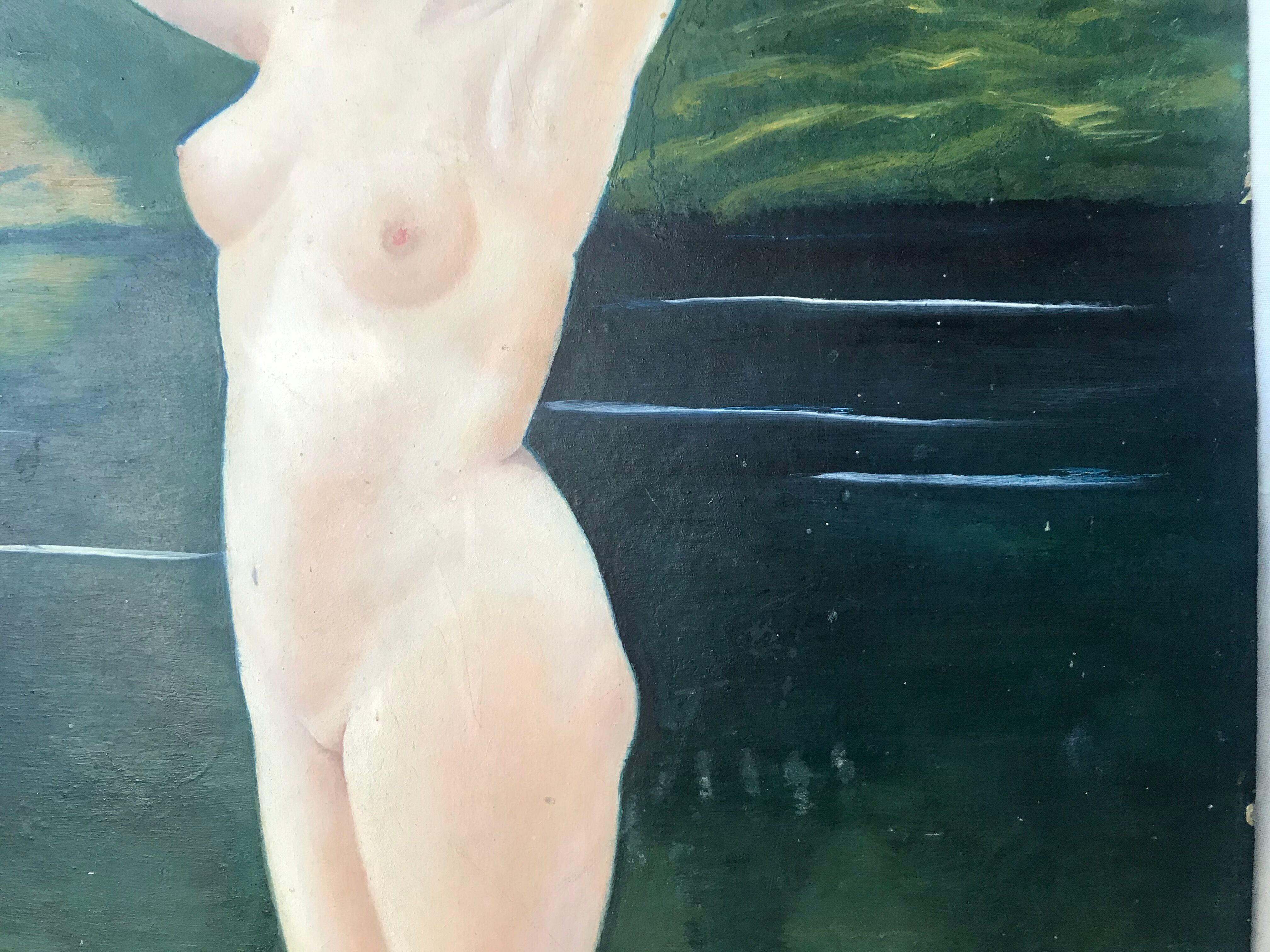 Old oil painting on large format cardboard 1920 nymph at the edge of a lake