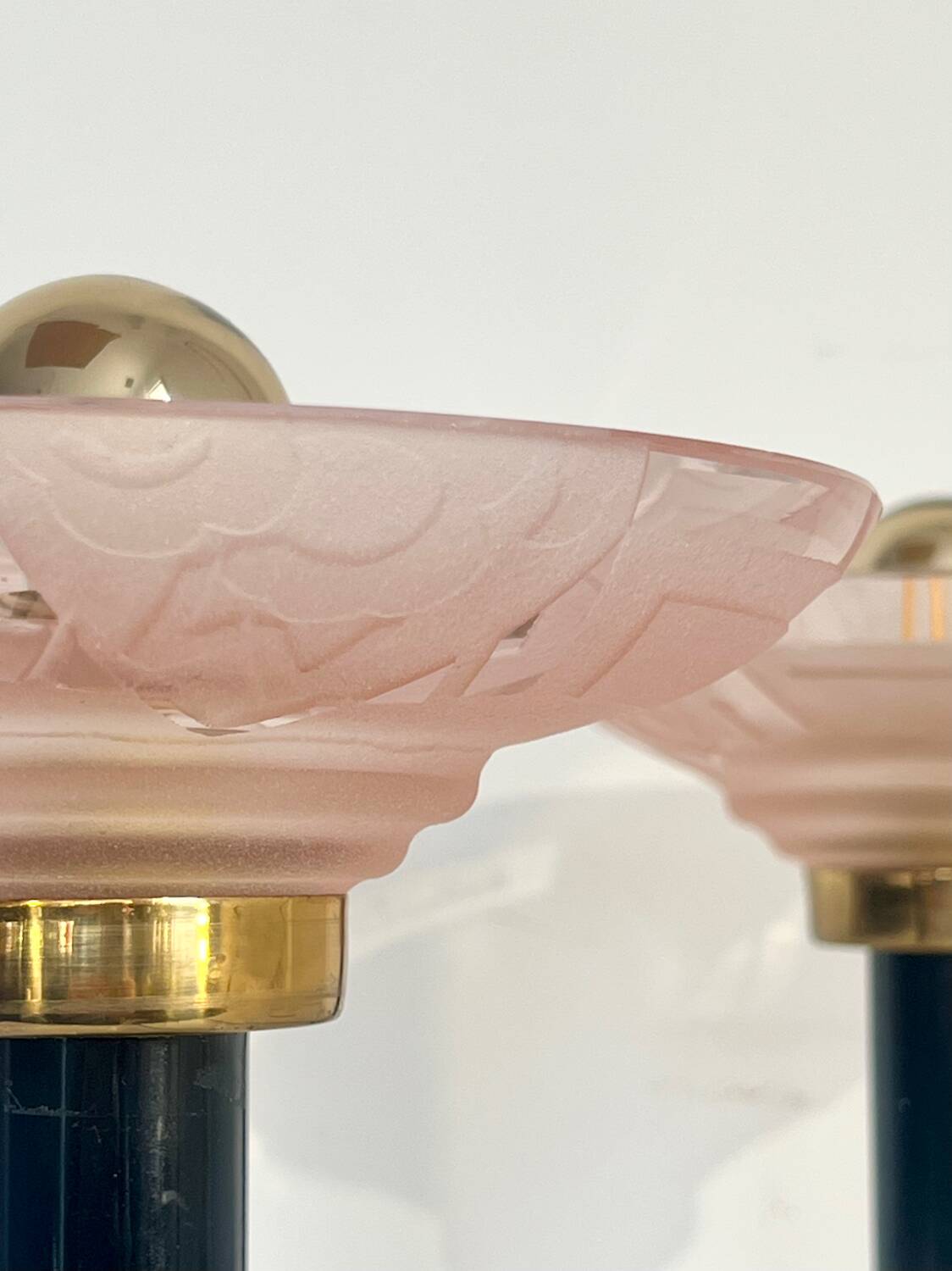 Pair of Art Deco bedside lamps, glasses signed Muller