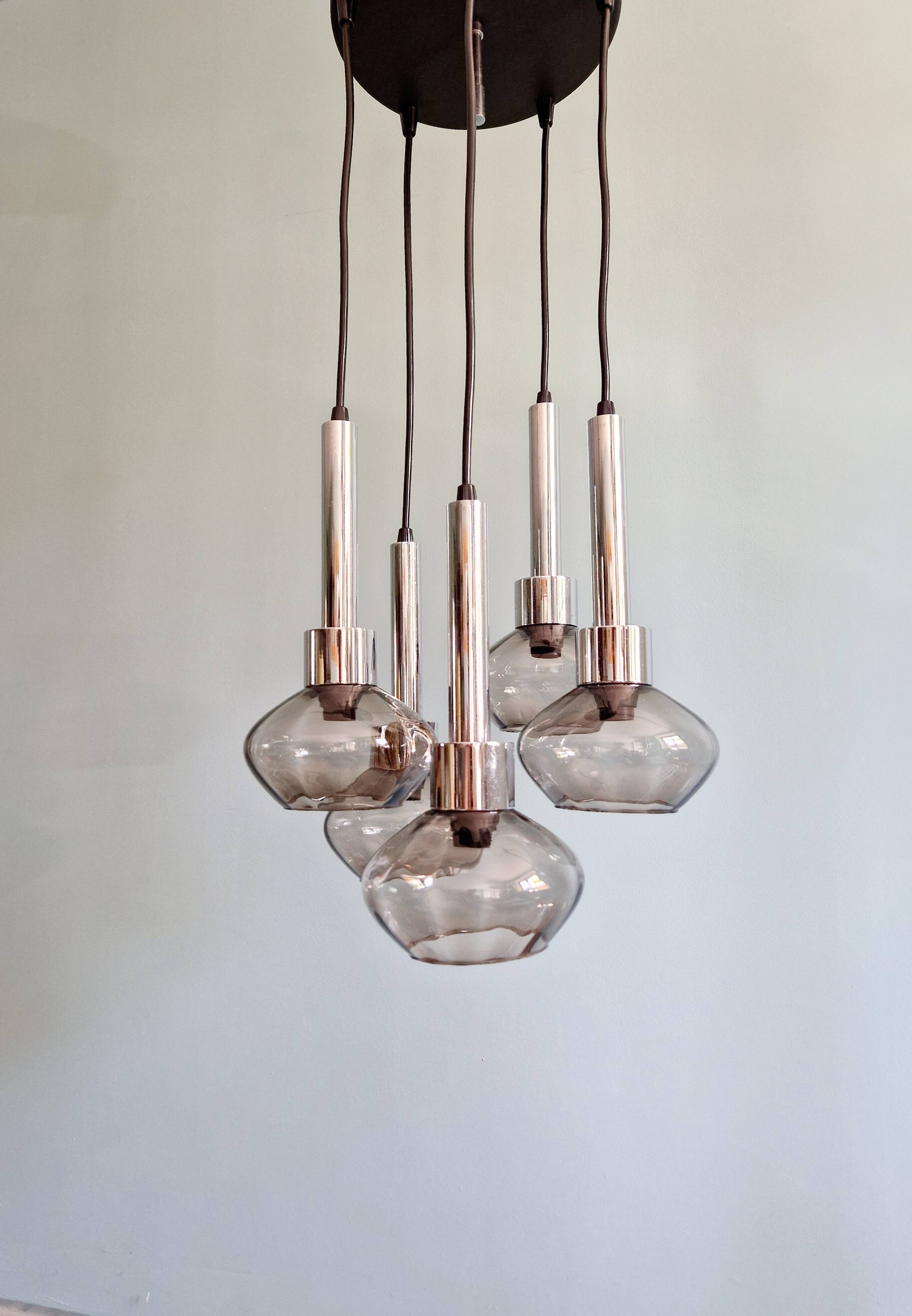 Cascade chandelier in chrome metal and smoked glass, 1970s