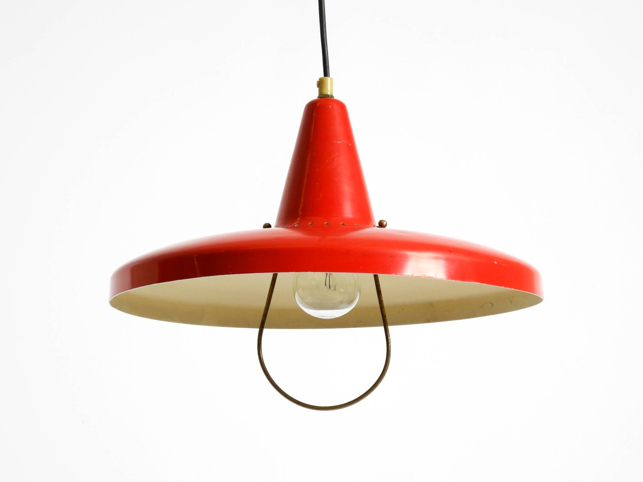 Mid-Century Modern red aluminum pendant lamp, height adjustable, Italy