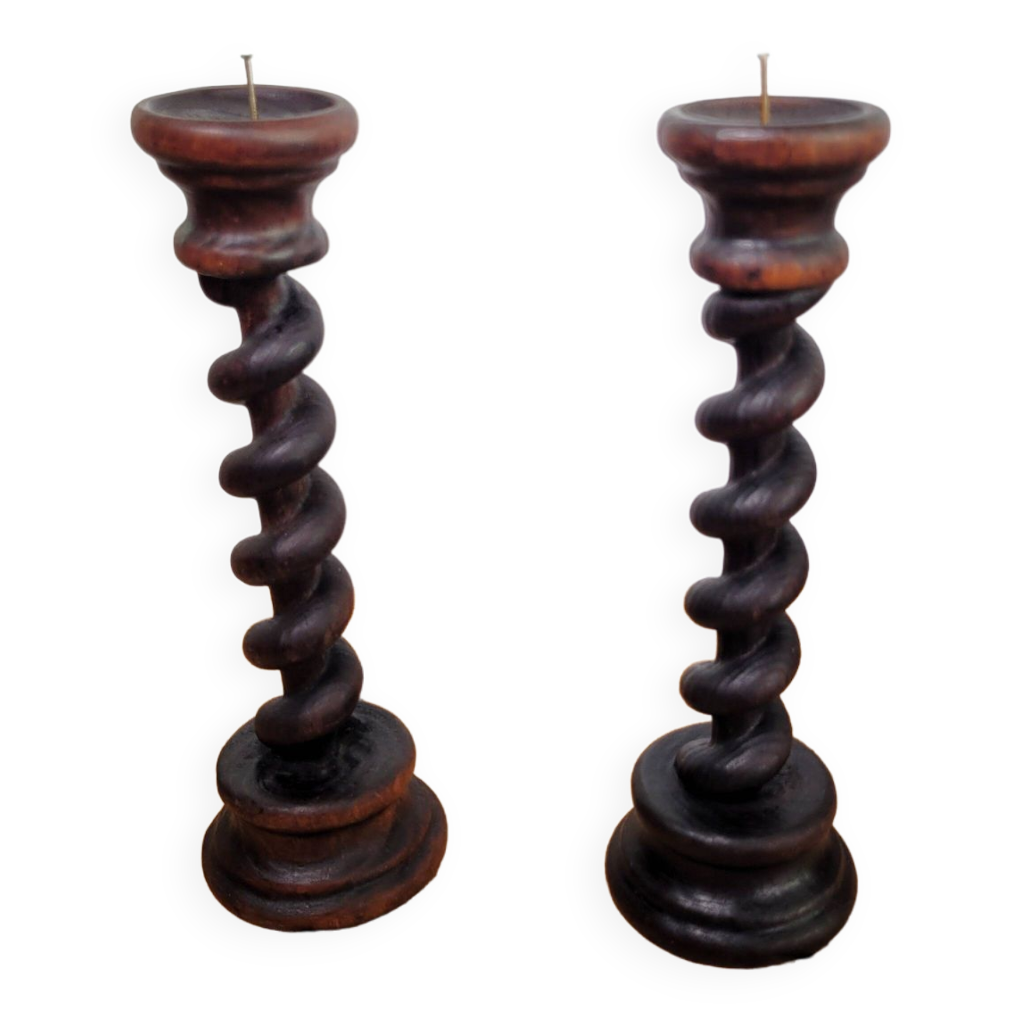 Pair of old turned wooden candlesticks