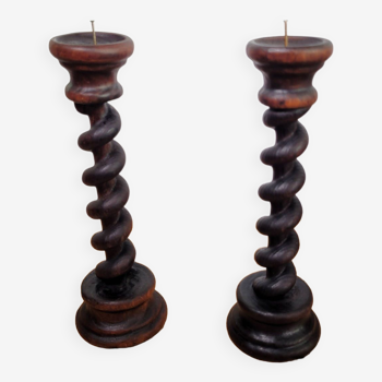 Pair of old turned wooden candlesticks
