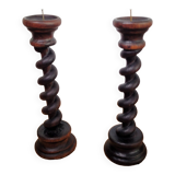 Pair of old turned wooden candlesticks