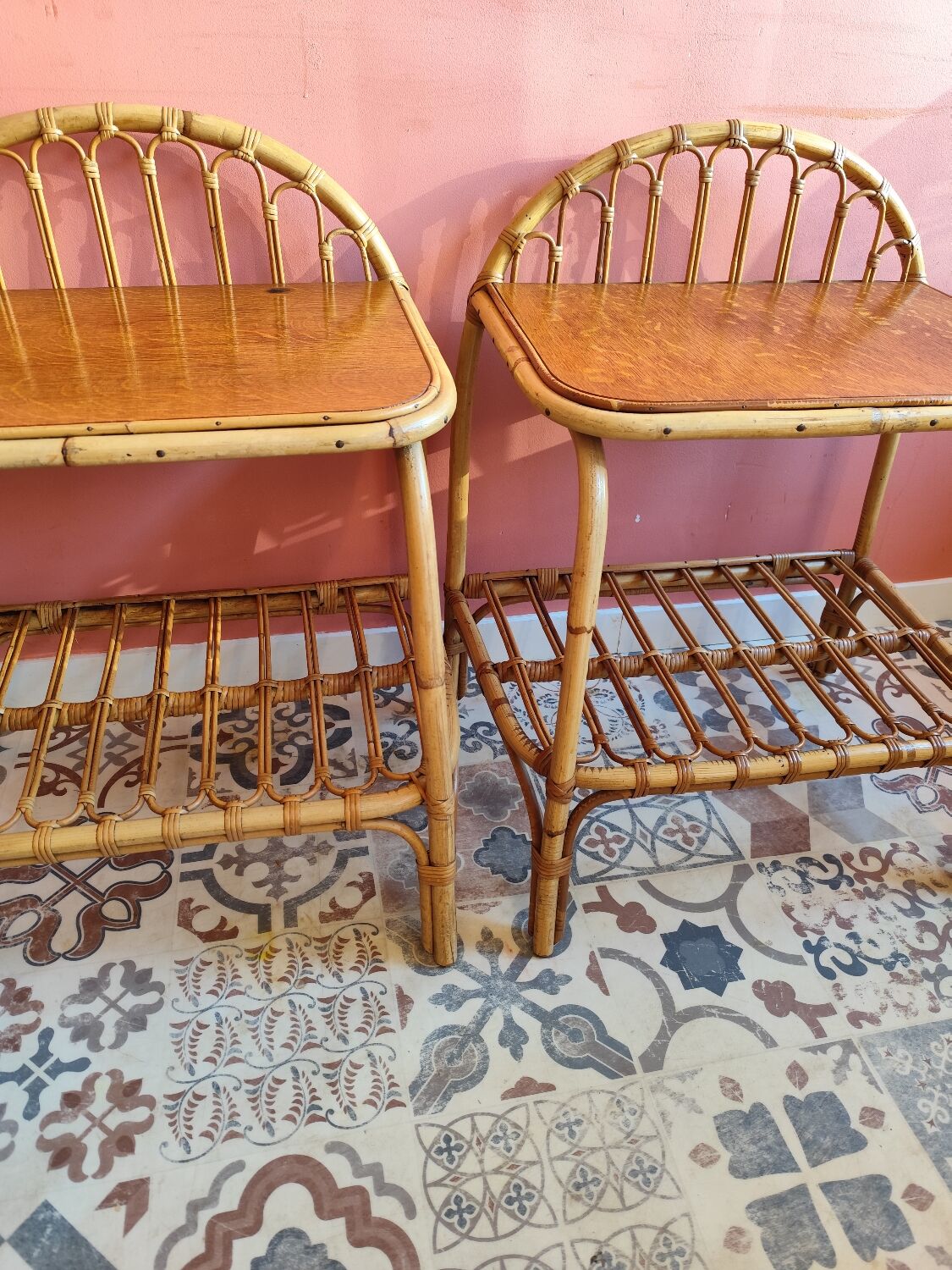 Vintage rattan bedside tables