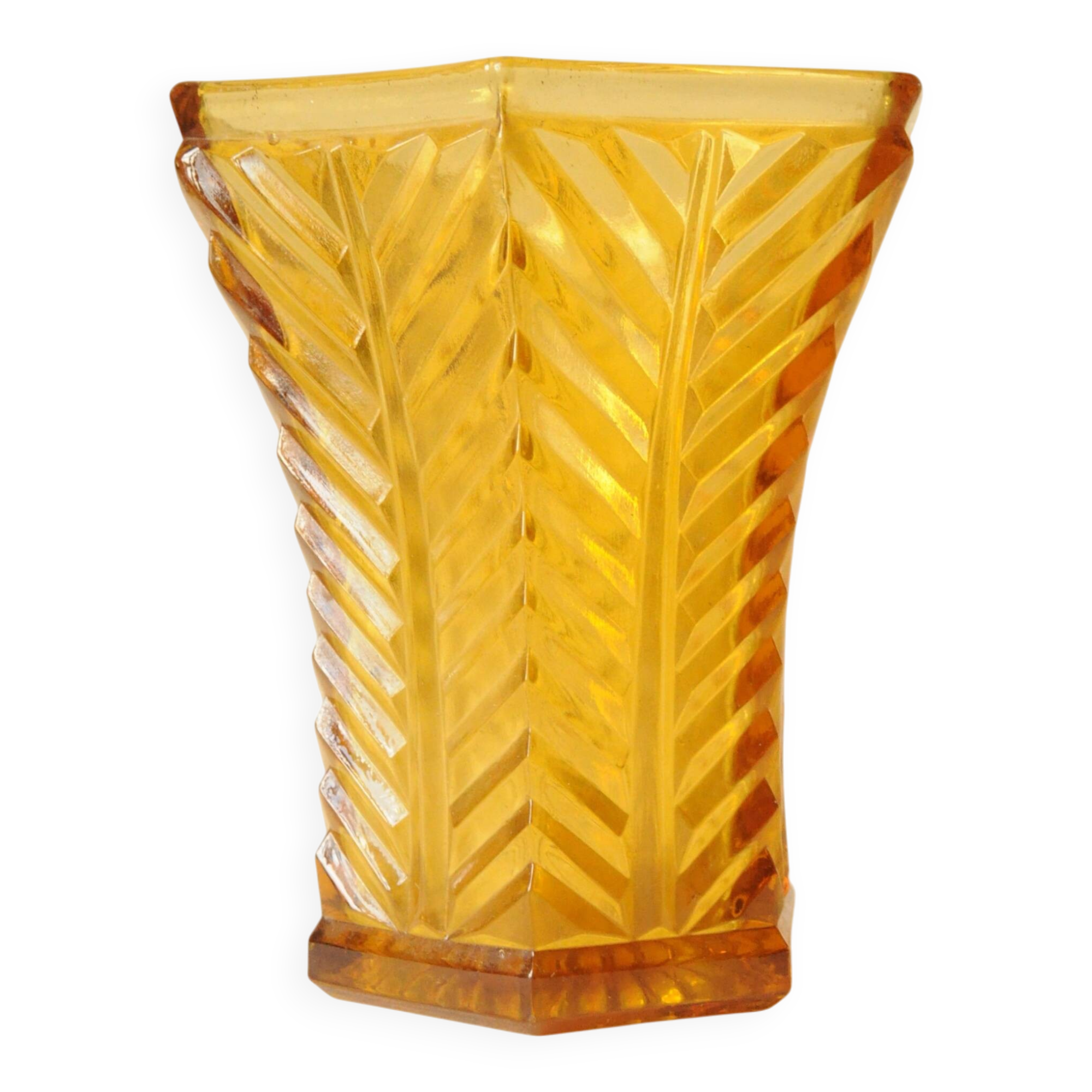 Vintage Art Deco vase in amber yellow cut glass with geometric design.