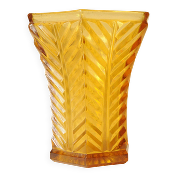 Vase vintage de style Art déco en verre ciselé géométrique jaune ambré