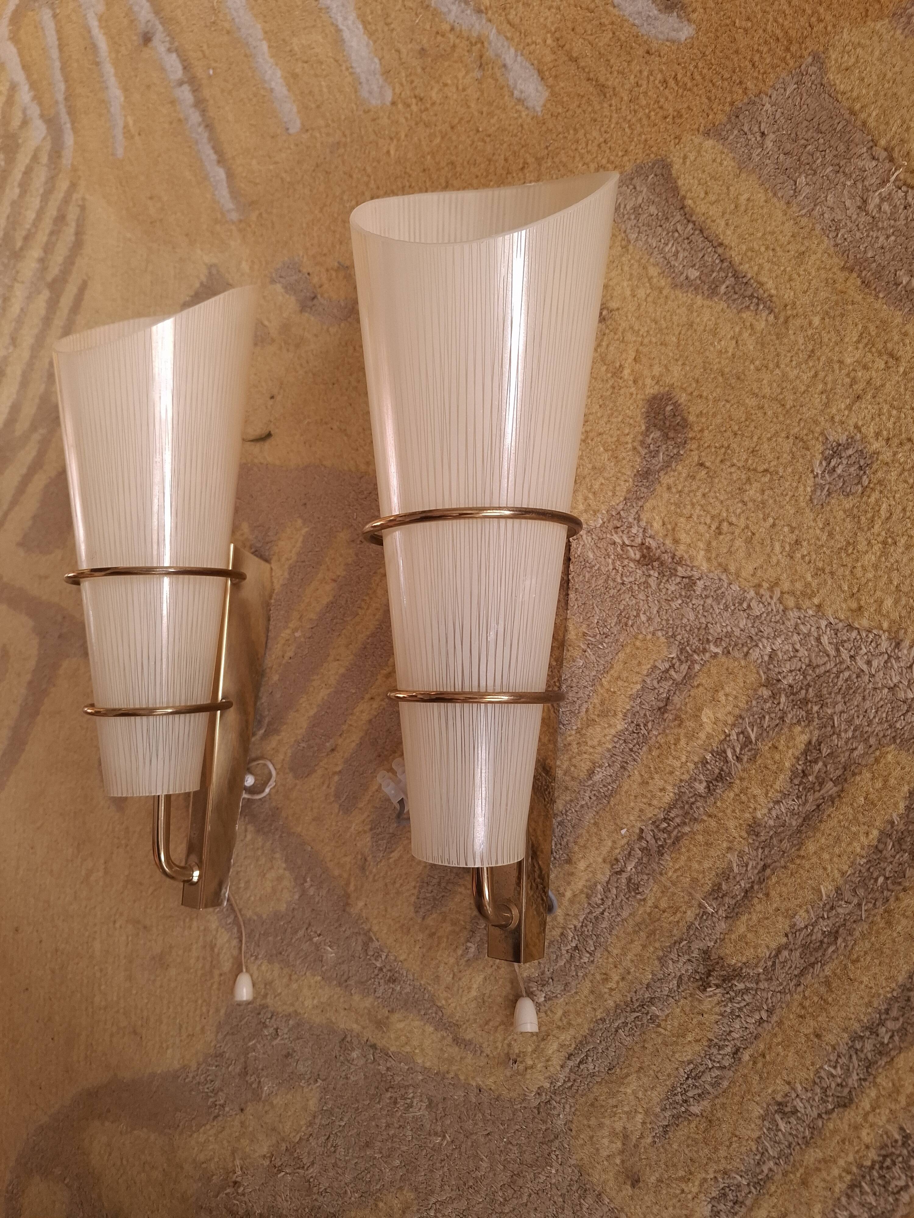 2 60's design wall lights in italian brass and glass