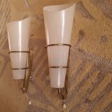 2 60's design wall lights in italian brass and glass