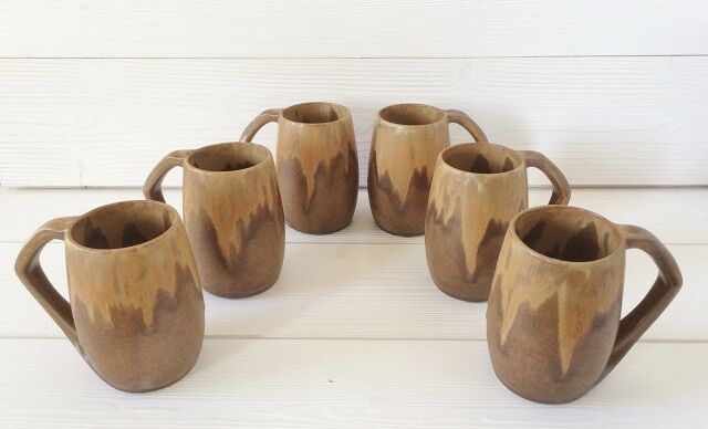 Lot 6 sandstone mugs varnished vintage 50s