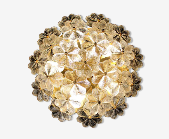 Ceiling lamp wall vintage flowers in glass and brass, 60s