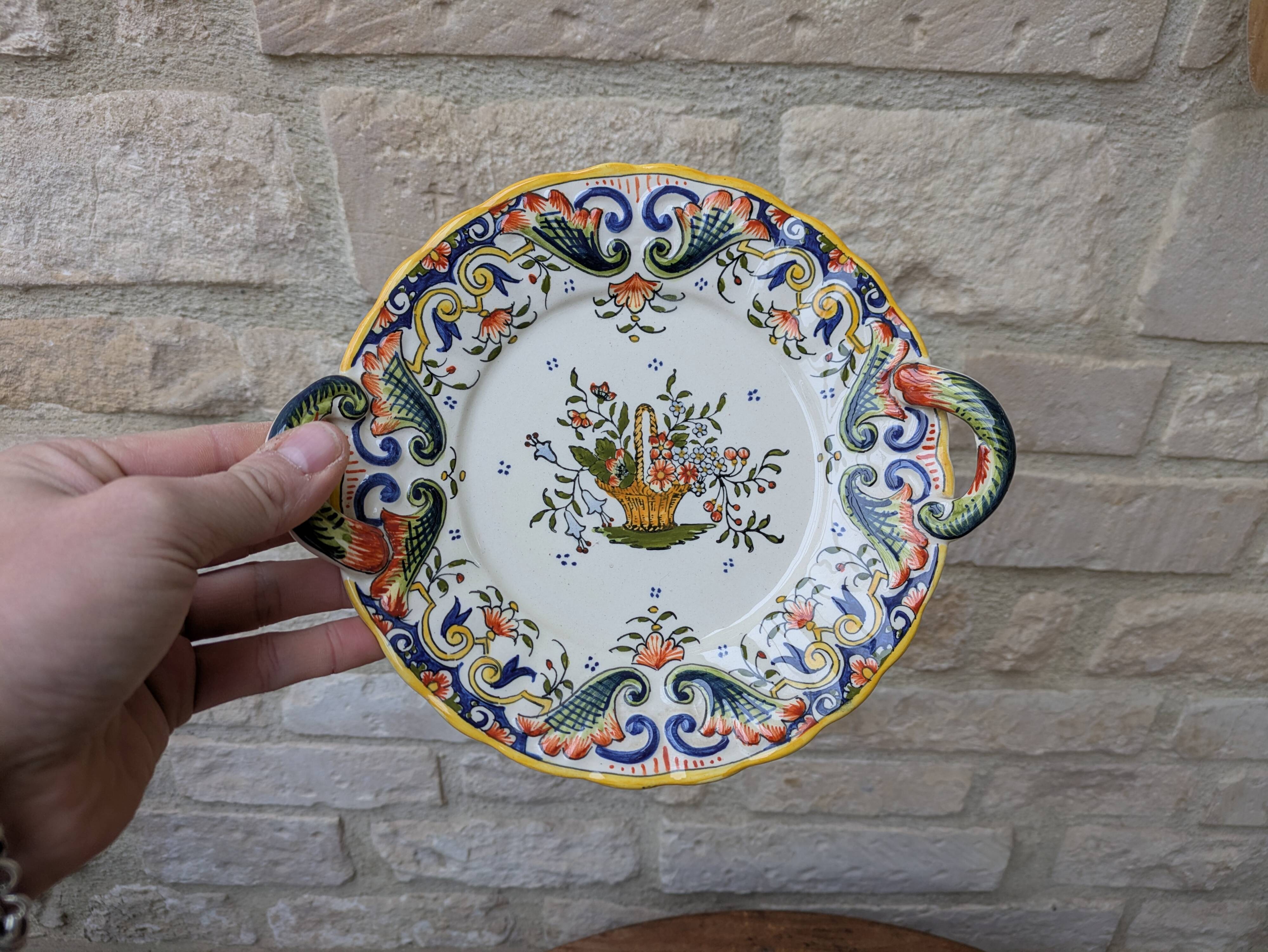 Old decorative plate with handles Old Rouen handmade
