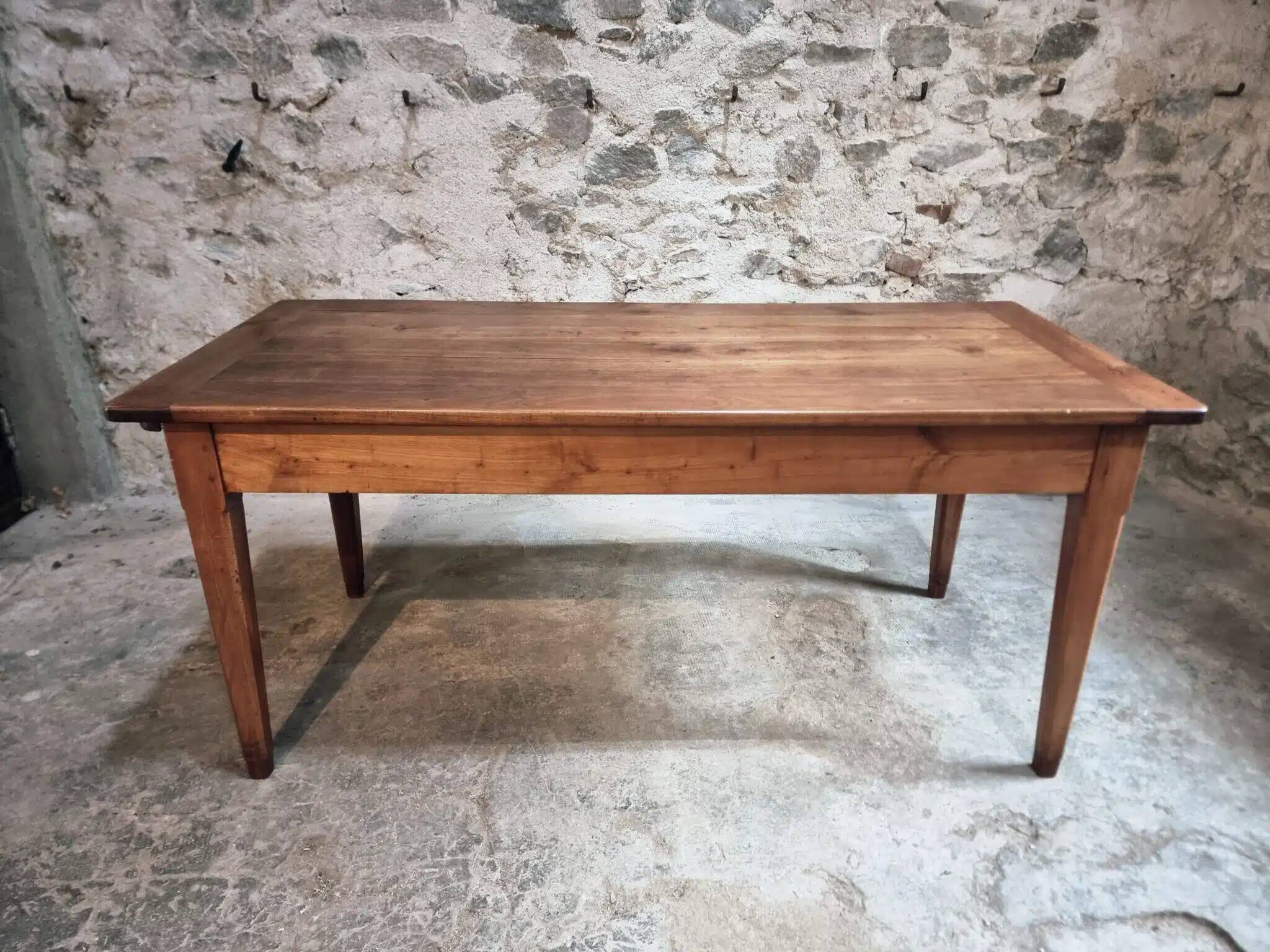 Antique French Farmhouse Table | 19th Century Cherry Wood Table with Drawer and Extension | 1880–1900 Rustic Kitchen