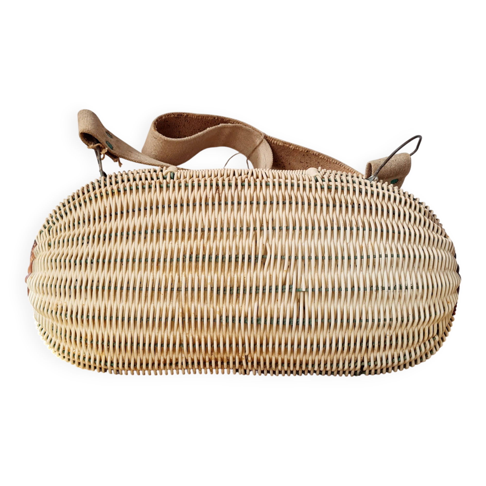 Panier ancien, besace en osier tressé - art populaire