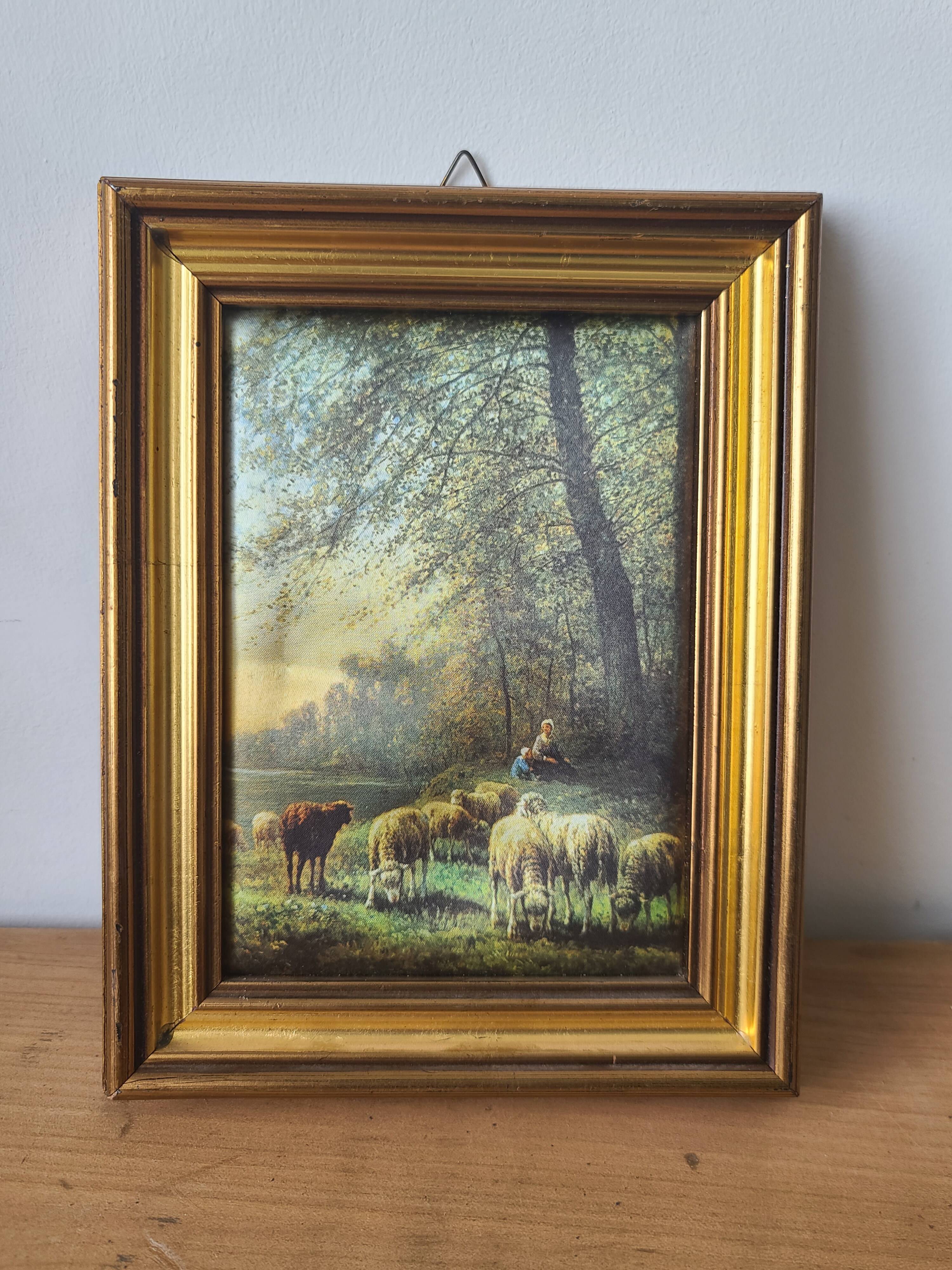 Small Framed Painting of a Pastoral Scene - Sheep & Shepherd