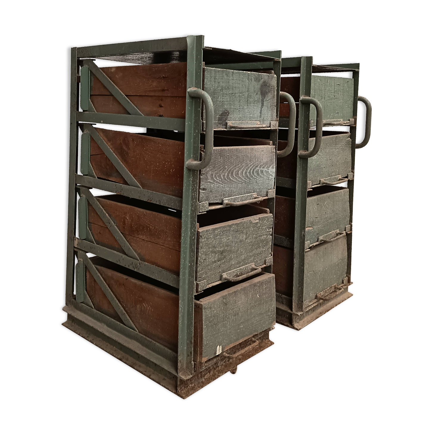 Pair of vintage industrial metal and wood lockers