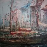Seascape, seen from the port - Large oil on canvas (with a knife), signed R. Danford, framed