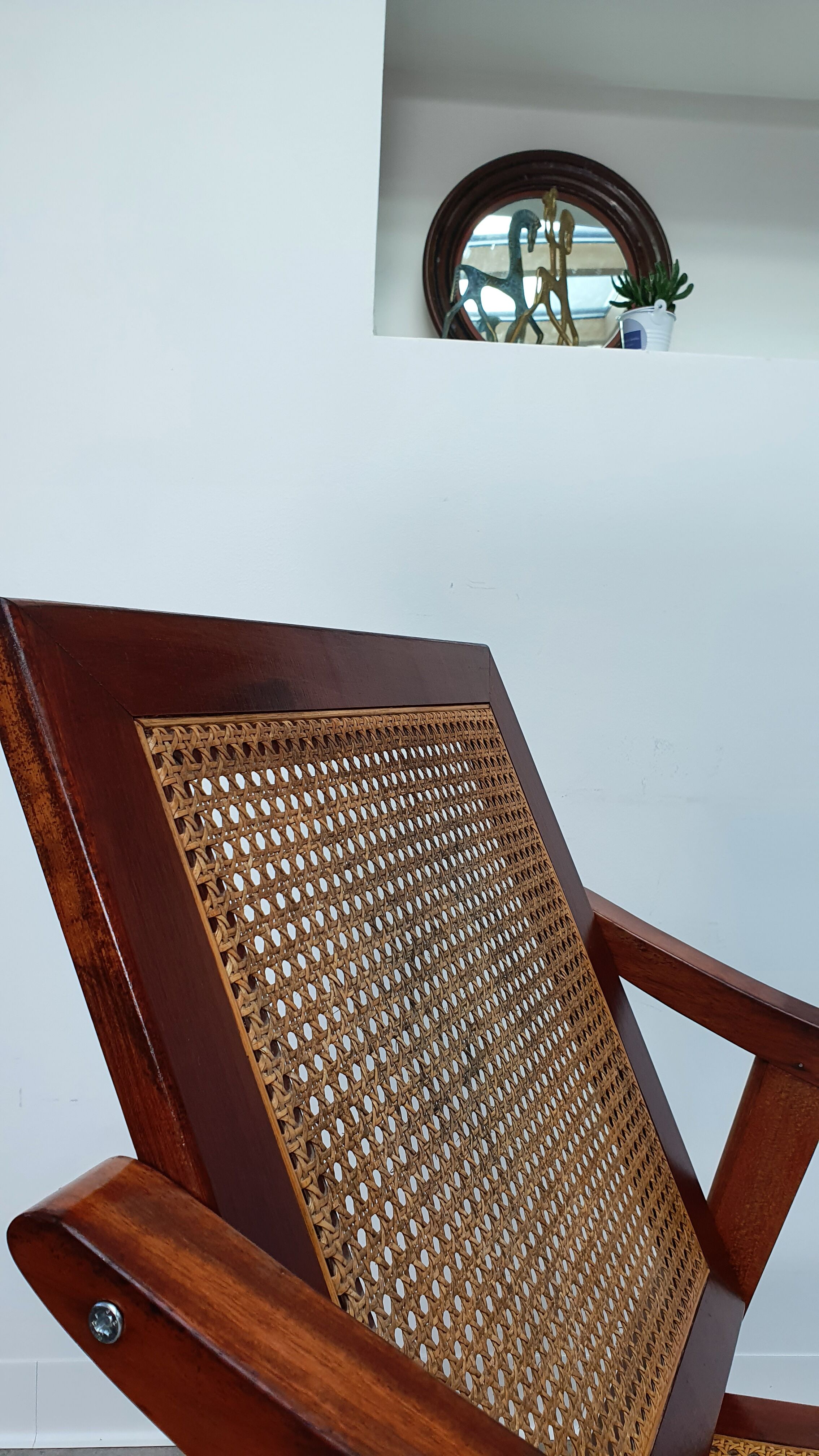 Pair of armchairs in red teak and cannage