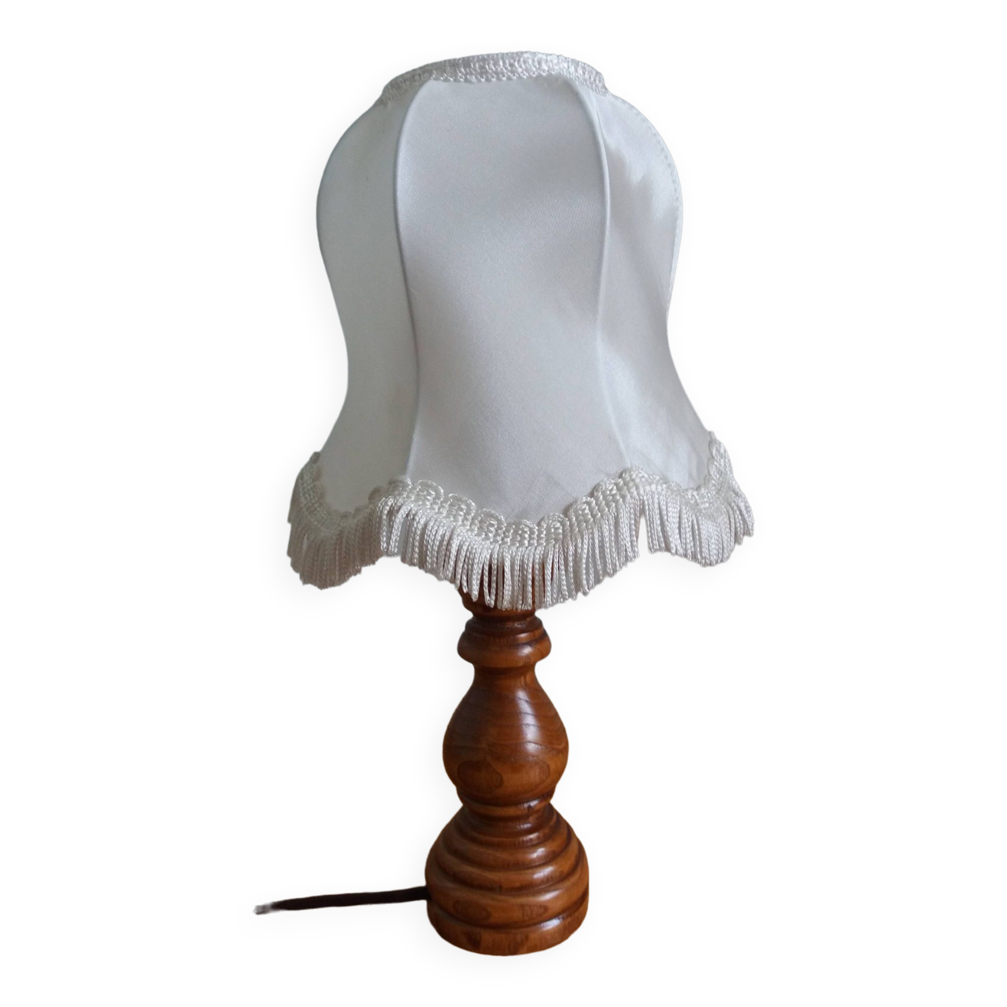 Turned wood lamp with fabric lampshade