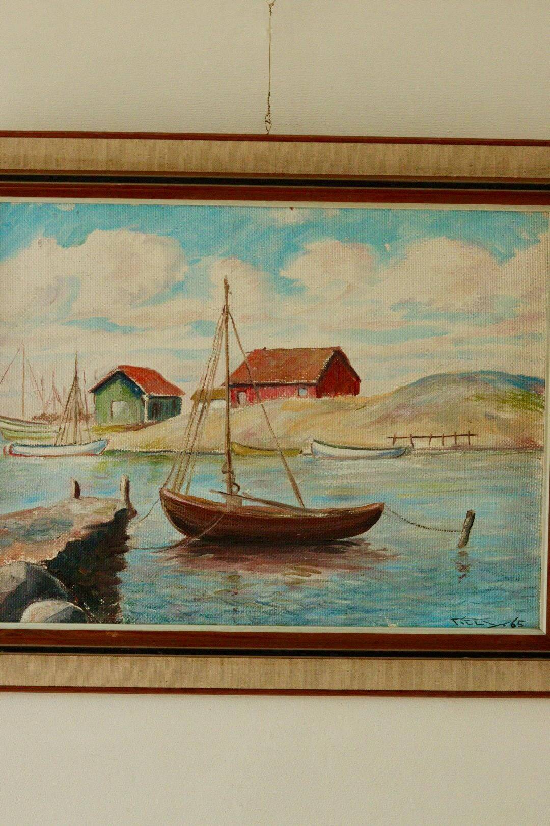 Peinture sur panneau vintage – « Motif bateau et maison »