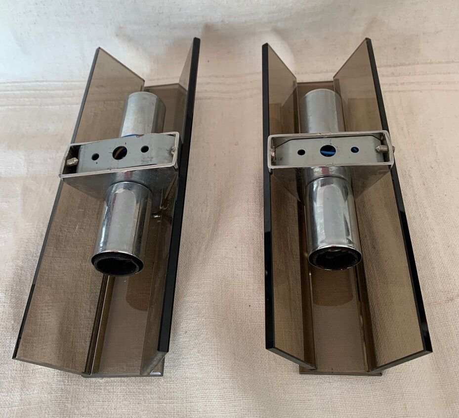 Pair vintage wall lamps 1970 smoked glass and chrome metal veca