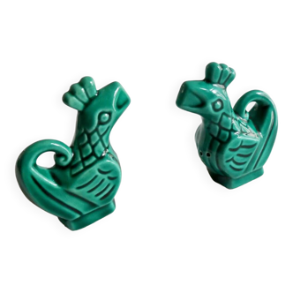 Slush salt and pepper shakers in the shape of a green rooster