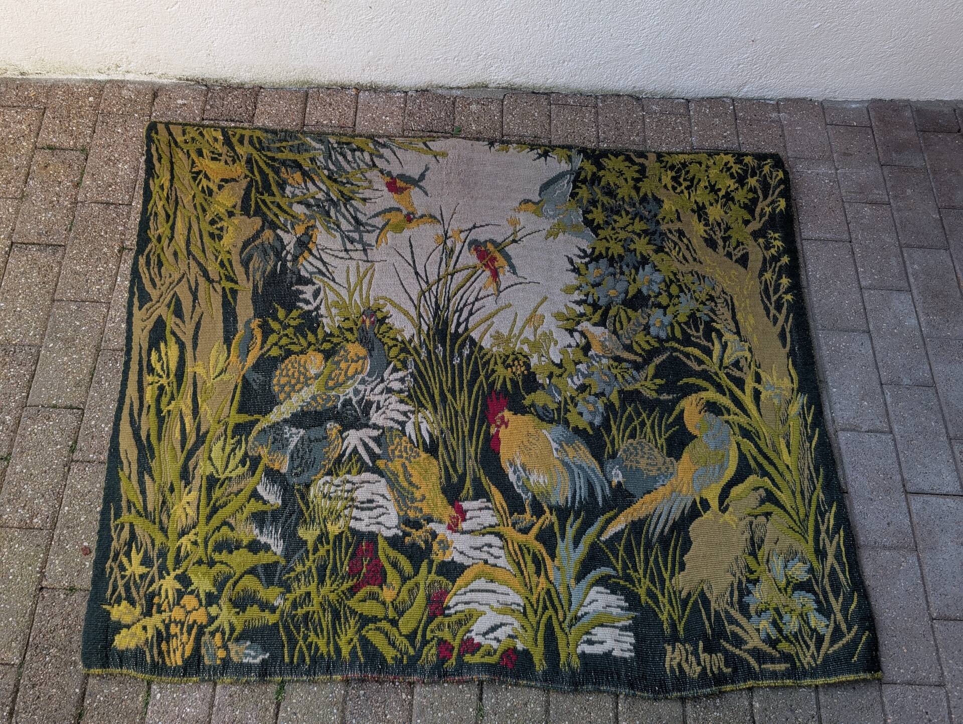 Large Aubusson tapestry "Verdure with birds" signed