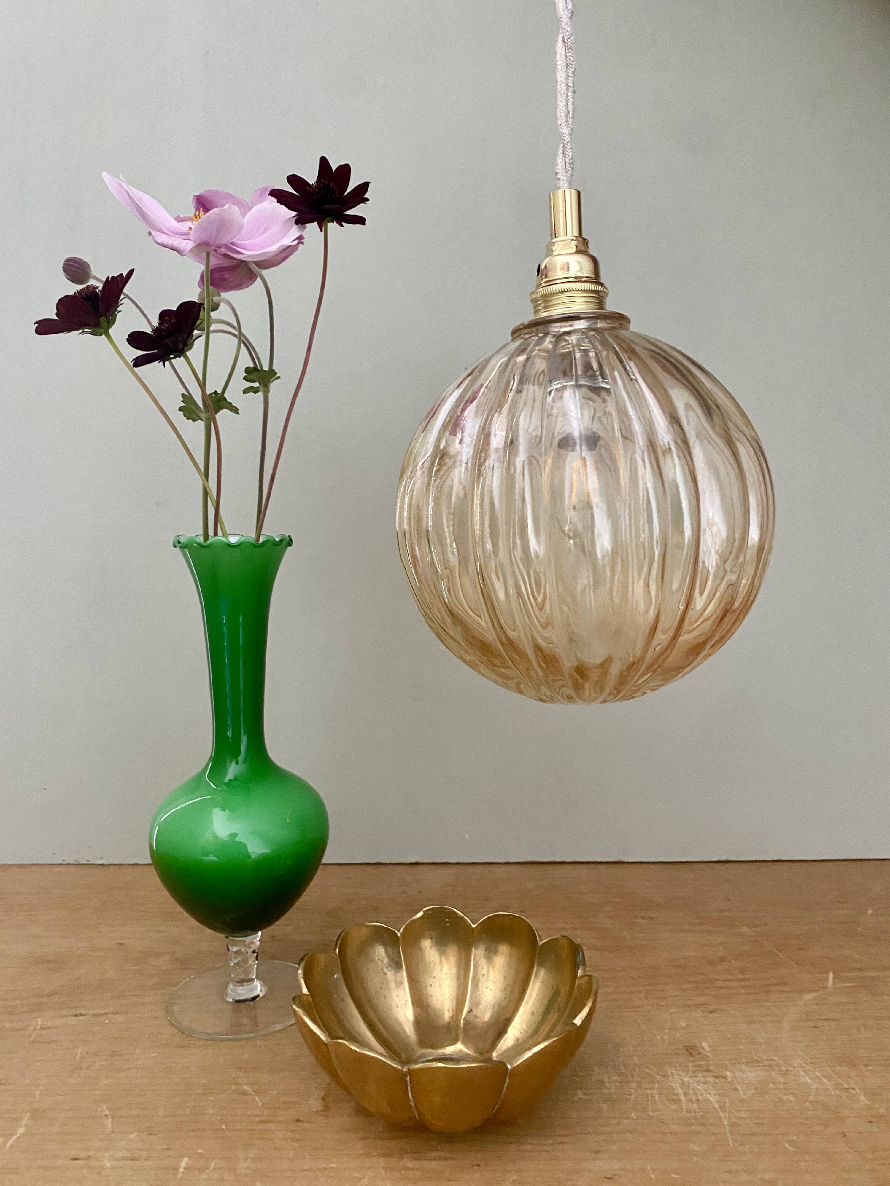 Vintage round amber glass globe pendant light