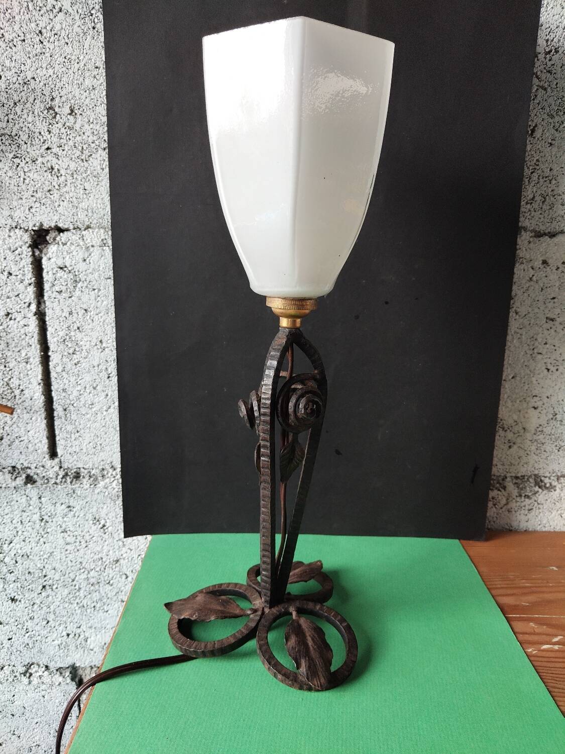 Hammered wrought iron lamp with white opaline Handmade craftsmanship
