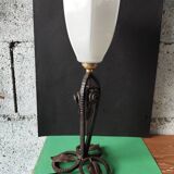 Hammered wrought iron lamp with white opaline Handmade craftsmanship