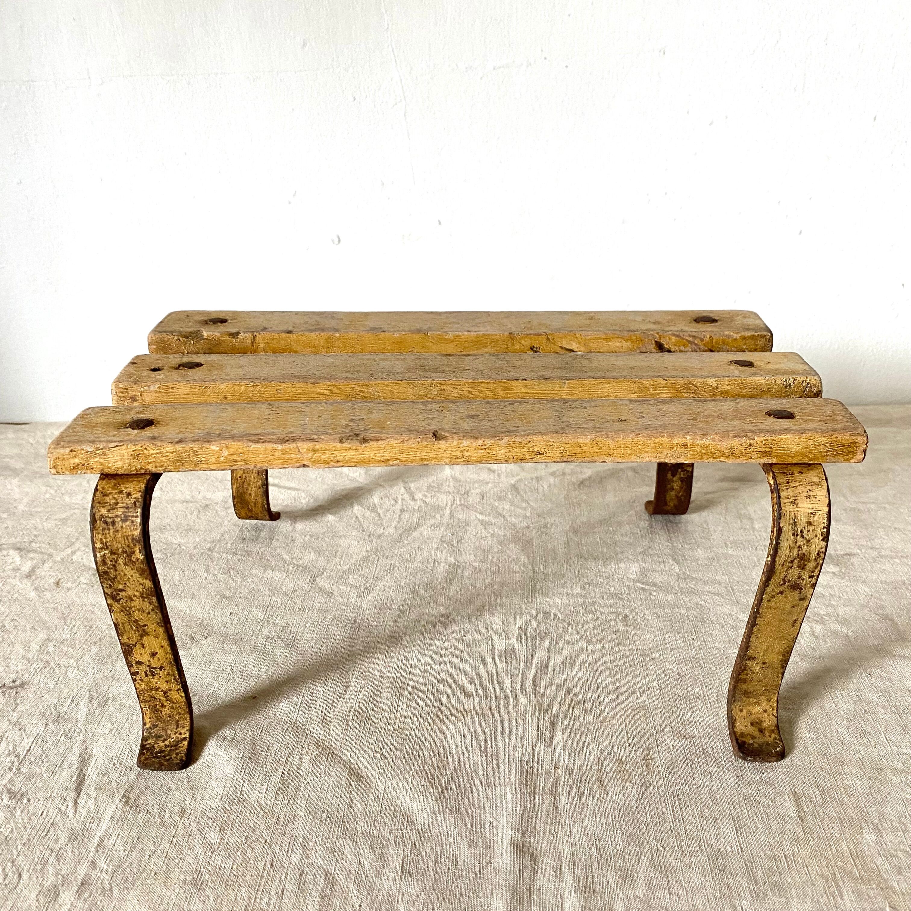 Low stool, wooden and metal plant holder
